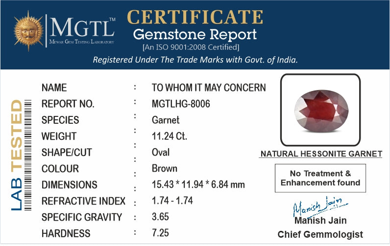 African Hessonite Garnet - 11.24 Carat Prime Quality HG-8006