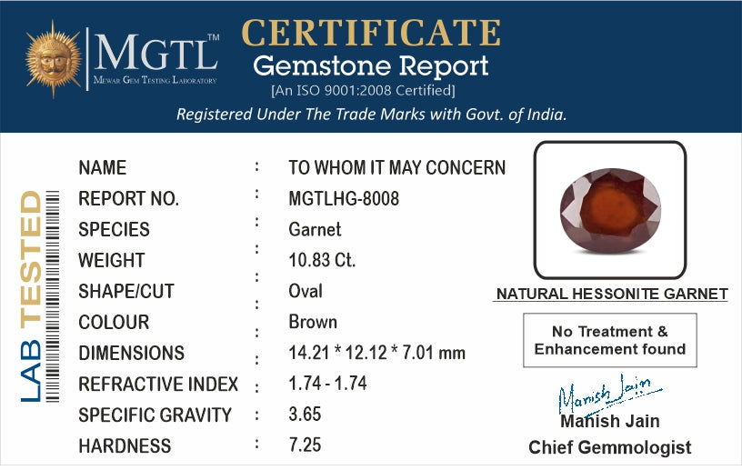 African Hessonite Garnet - 10.83 Carat Prime Quality HG-8008
