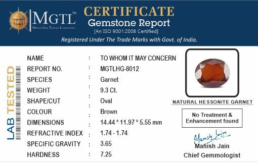 African Hessonite Garnet - 9.30 Carat Prime Quality HG-8012