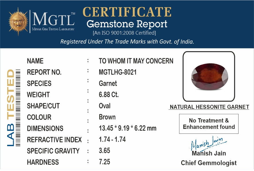 African Hessonite Garnet - 6.88 Carat Prime Quality HG-8021