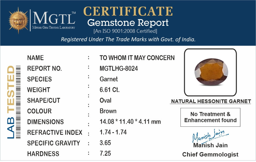 African Hessonite Garnet - 6.61 Carat Prime Quality HG-8024