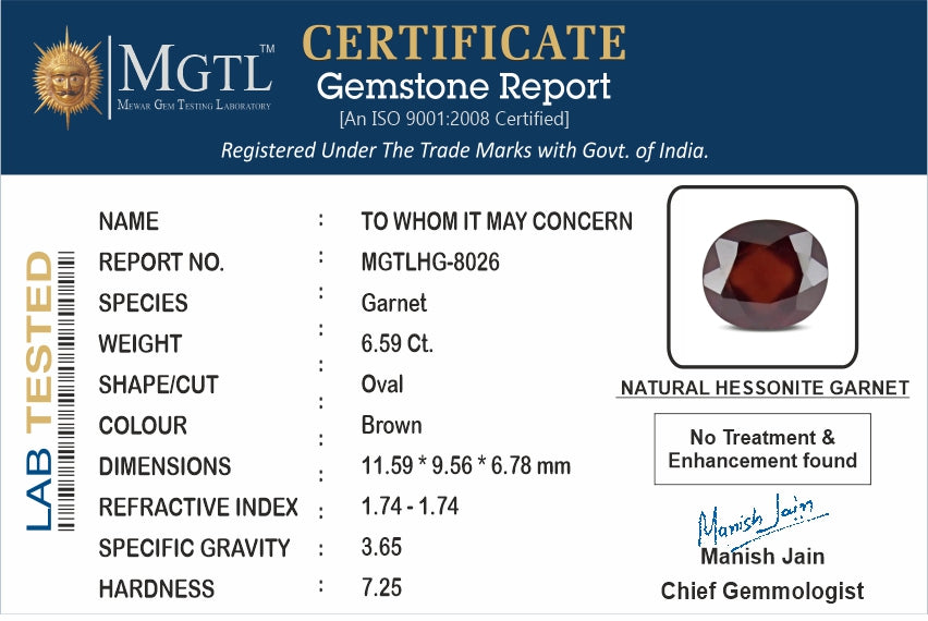 African Hessonite Garnet - 6.59 Carat Prime Quality HG-8026