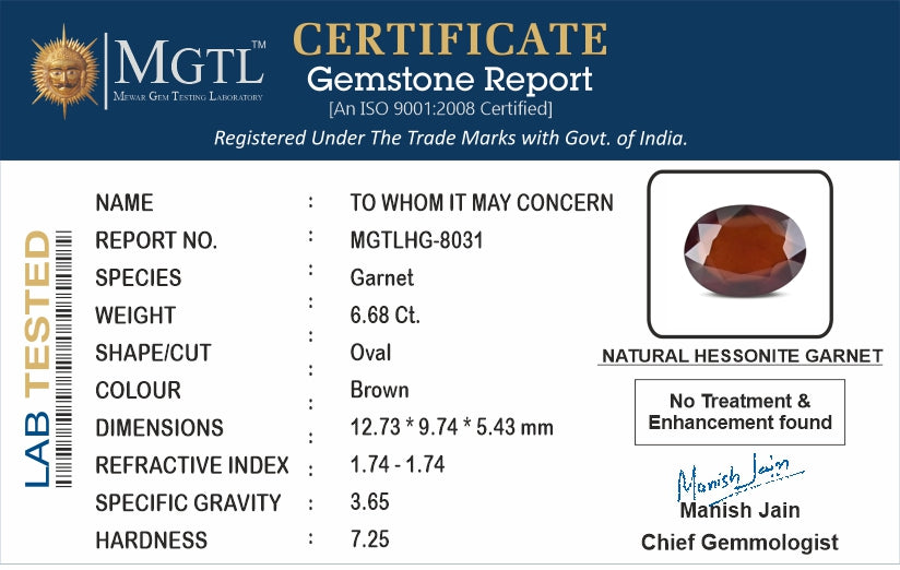 African Hessonite Garnet - 6.68 Carat Prime Quality HG-8031