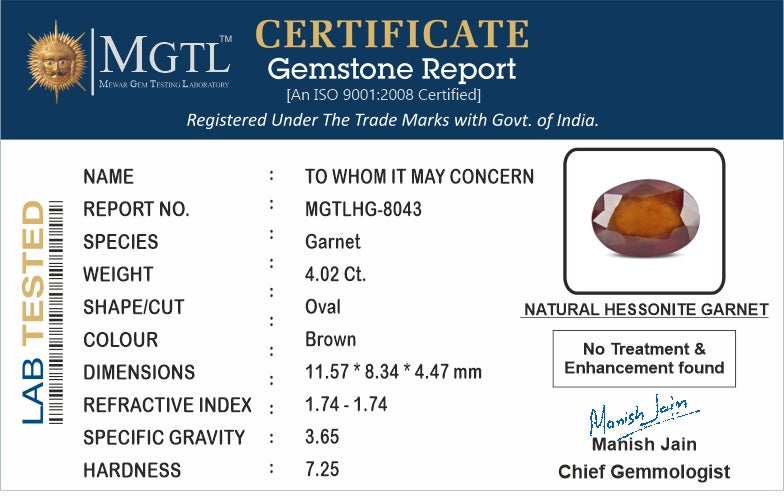 African Hessonite Garnet - 4.02 Carat Prime Quality HG-8043