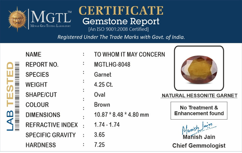 Ceylon Hessonite Garnet - 4.25 Carat Prime Quality HG-8048