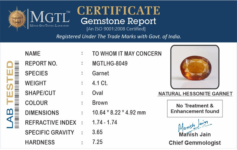 African Hessonite Garnet -  4.1 Carat Prime Quality HG-8049