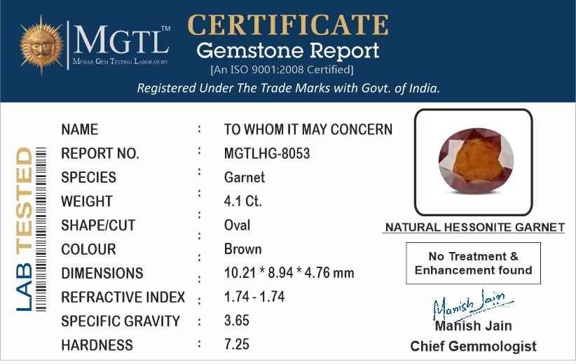 African Hessonite Garnet -  4.1 Carat Prime Quality HG-8053