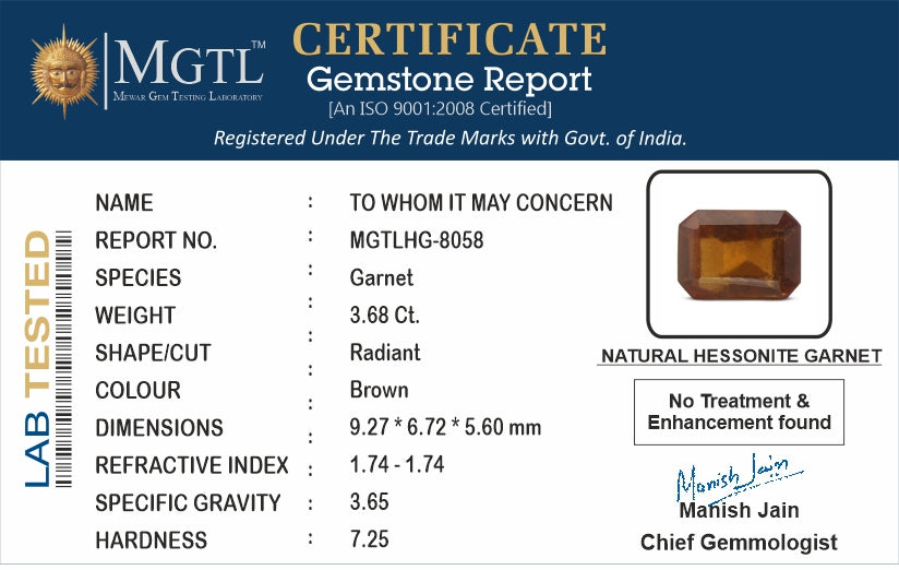 African Hessonite Garnet - 3.68 Carat Prime Quality HG-8058