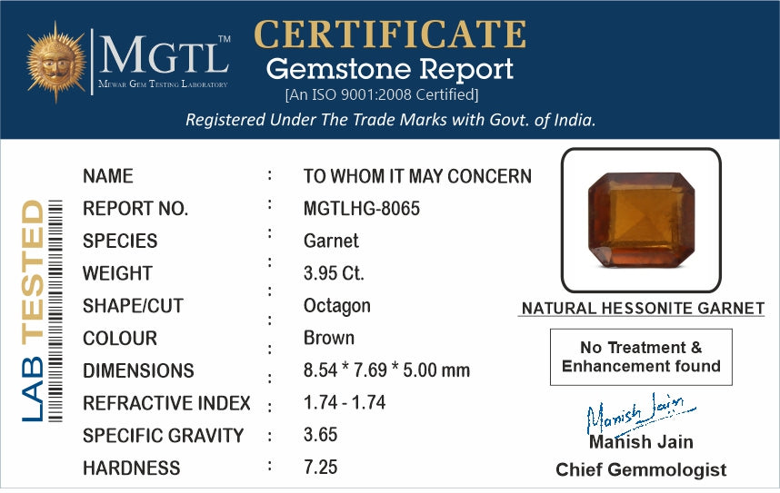 African Hessonite Garnet - 3.95 Carat Prime Quality HG-8065