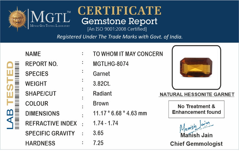 Ceylon Hessonite Garnet - 3.82 Carat Prime Quality HG-8074