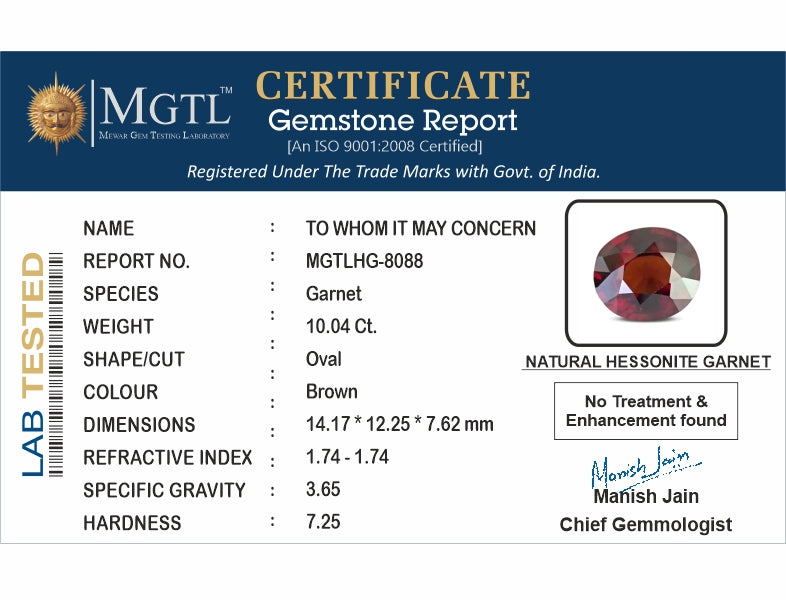 Ceylon Hessonite Garnet - 10.04 Carat Limited Quality HG-8088