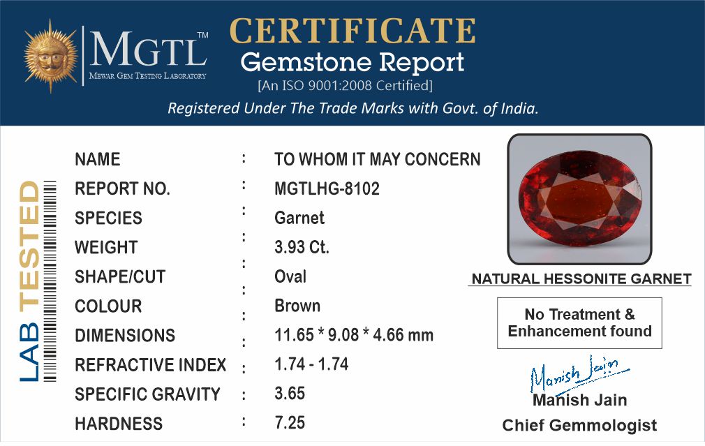 Ceylon Hessonite Garnet - 3.93 Carat Limited Quality HG-8102
