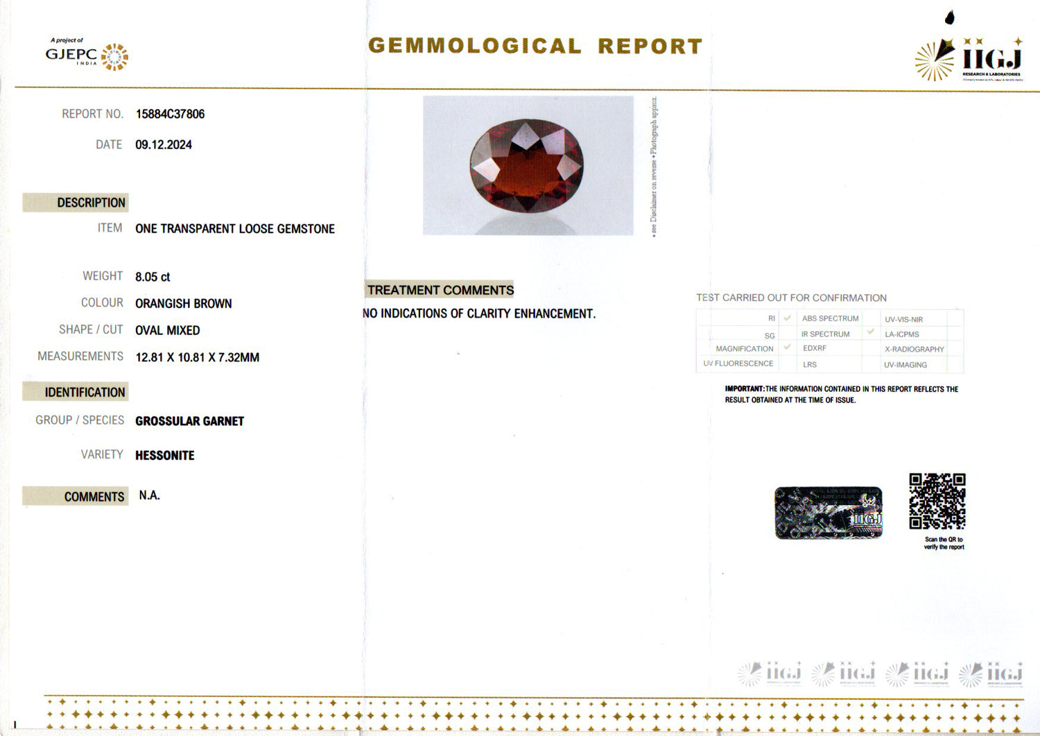 Ceylon Hessonite Garnet - 8.05 Carat Limited Quality HG-8103