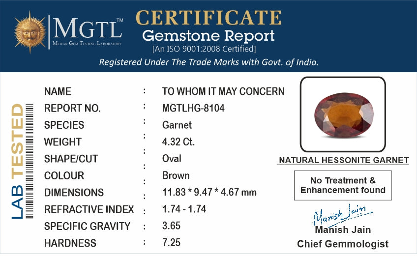 Ceylon Hessonite Garnet -  4.32 Carat Limited Quality HG-8104