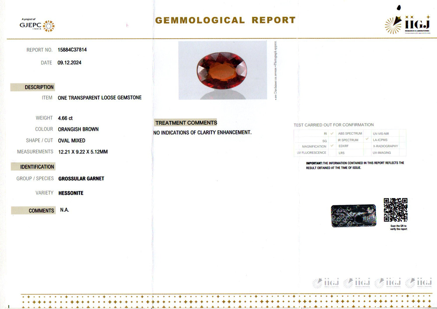 Ceylon Hessonite Garnet - 4.66 Carat Rare Quality HG-8110