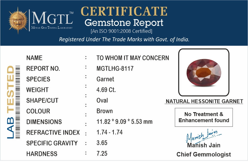 Ceylon Hessonite Garnet - 4.69 Carat Rare Quality HG-8117
