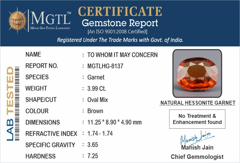 African Hessonite Garnet  3.99 Carat Limited-Quality  HG-8137
