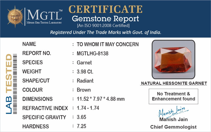 African Hessonite Garnet  3.98 Carat Limited-Quality HG-8138
