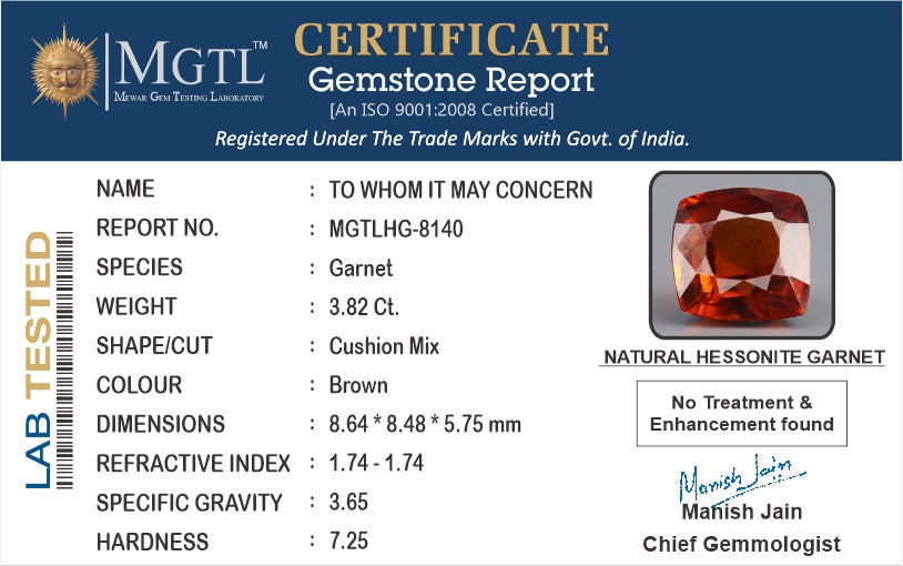 African Hessonite Garnet  3.82 Carat Limited Quality HG-8140
