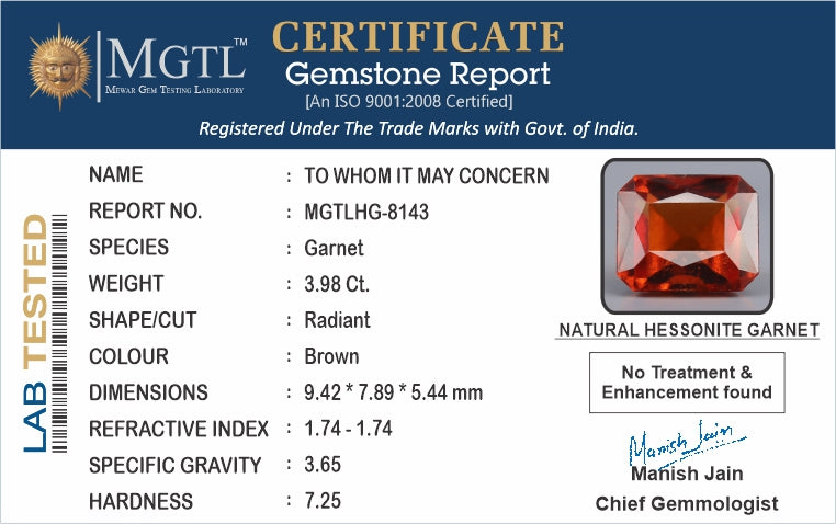 African Hessonite Garnet  3.98 Carat Limited Quality HG-8143
