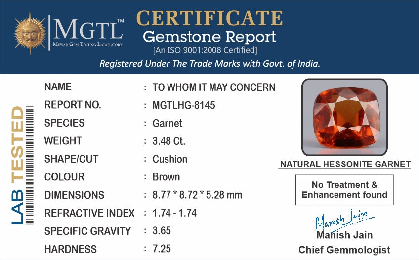 African Hessonite Garnet  3.48 Carat Limited Quality HG-8145