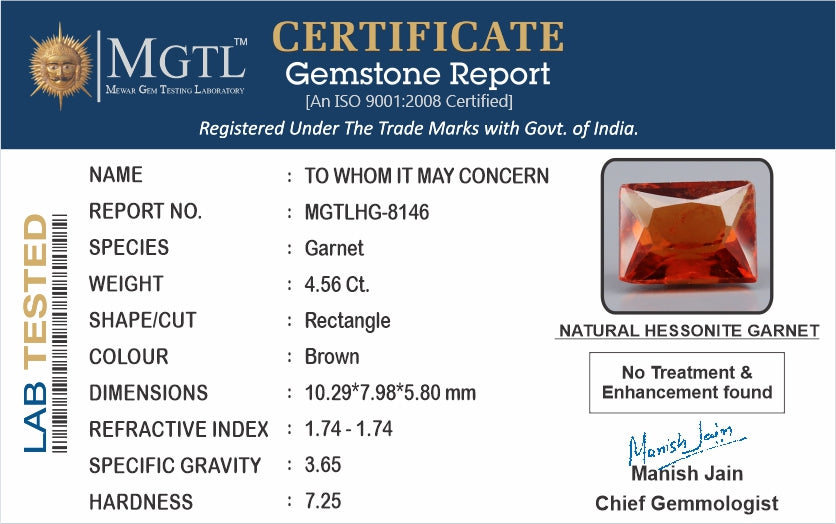 African Hessonite Garnet  4.56 Carat Prime Quality HG-8146