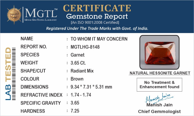 African Hessonite Garnet  3.65 Carat Limited Quality HG-8148