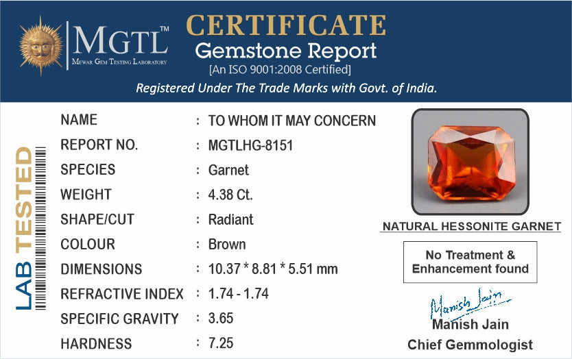 African Hessonite Garnet  4.38 Carat Prime Quality HG-8151