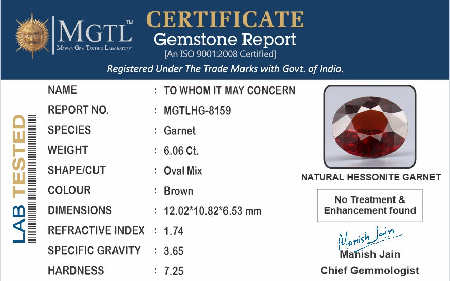 Ceylon Hessonite Garnet  6.06 Carat Limited-Quality  HG-8159