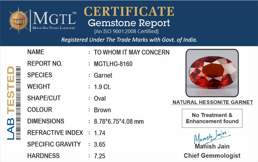 Ceylon Hessonite (Gomed) Garnet - 1.9 Carats Limited Quality HG-8160