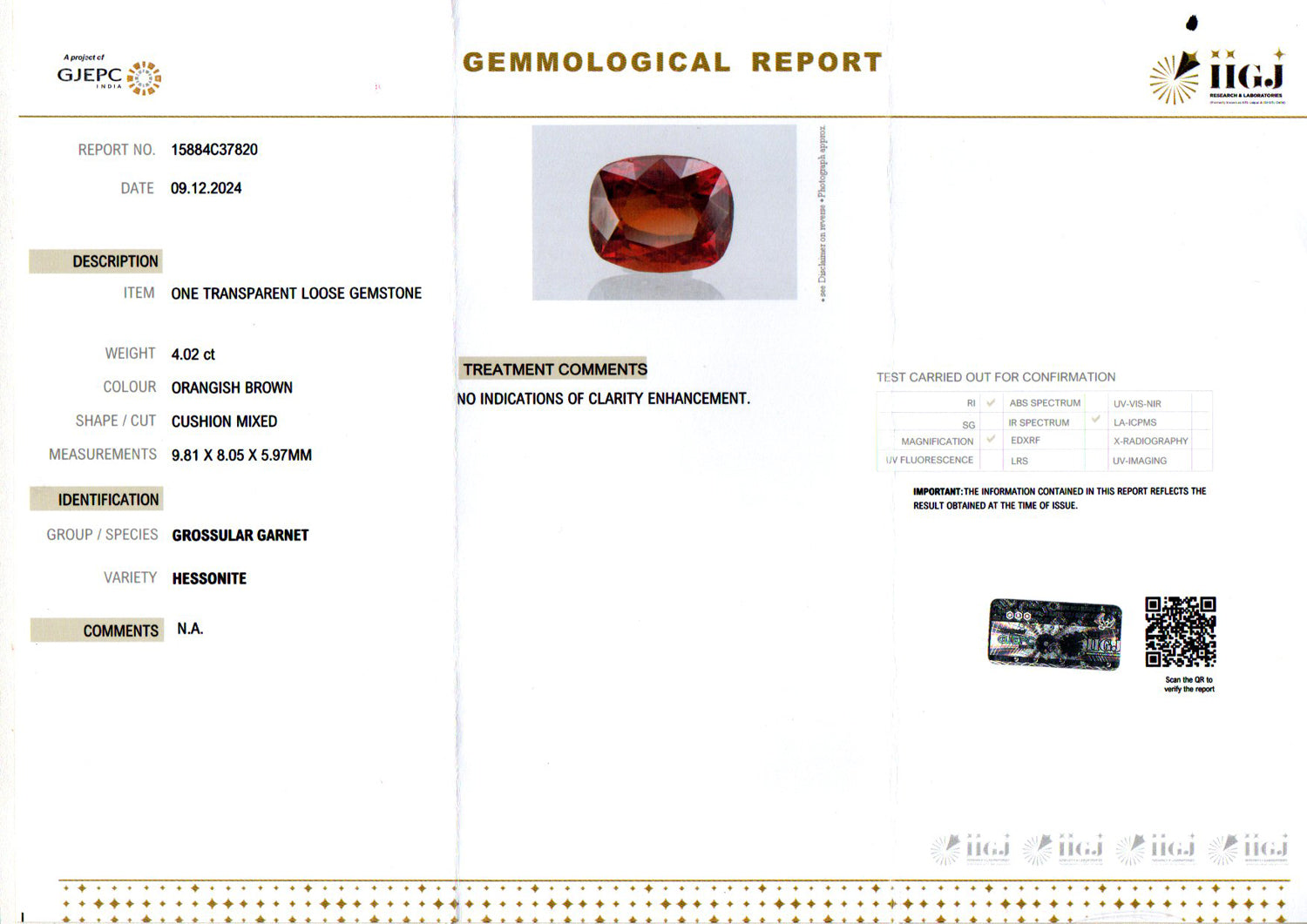 Ceylon Hessonite Garnet  4.02 Carat Limited Quality HG-8163