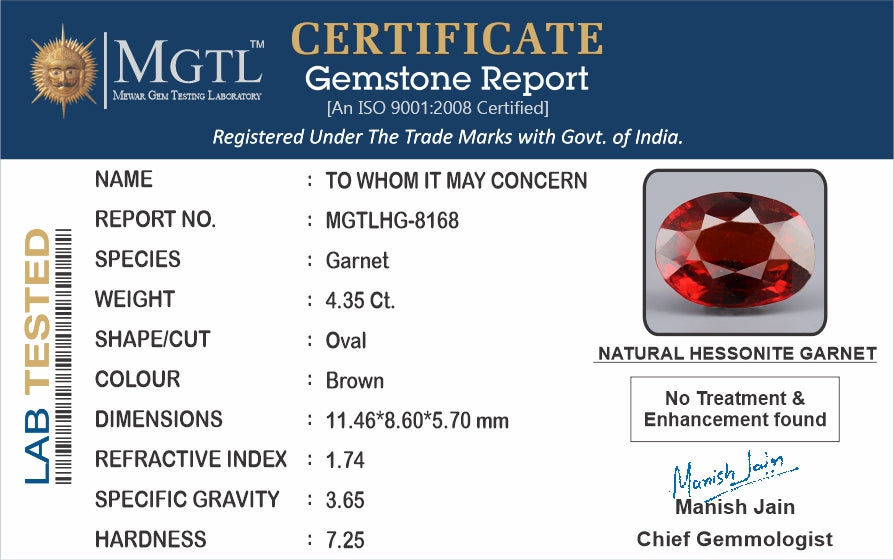 Ceylon Hessonite Garnet  4.35 Carat Limited Quality HG-8168