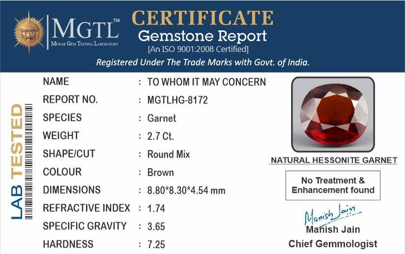 Ceylon Hessonite Garnet  2.7 Carat Limited Quality HG-8172
