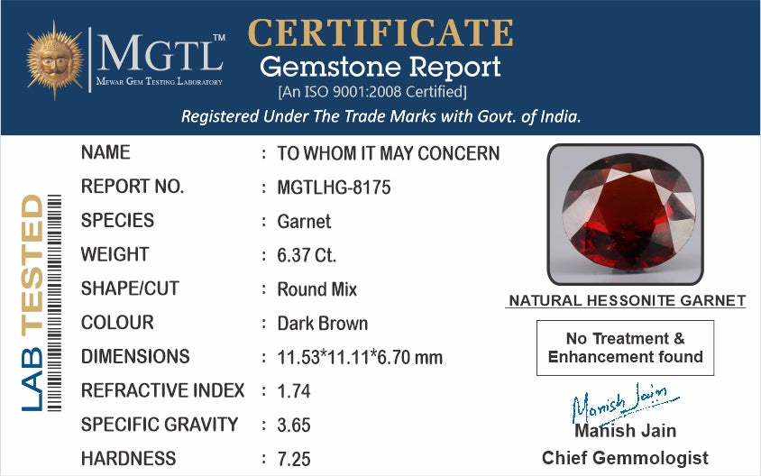 Ceylon Hessonite Garnet  6.37 Carat Limited Quality HG-8175