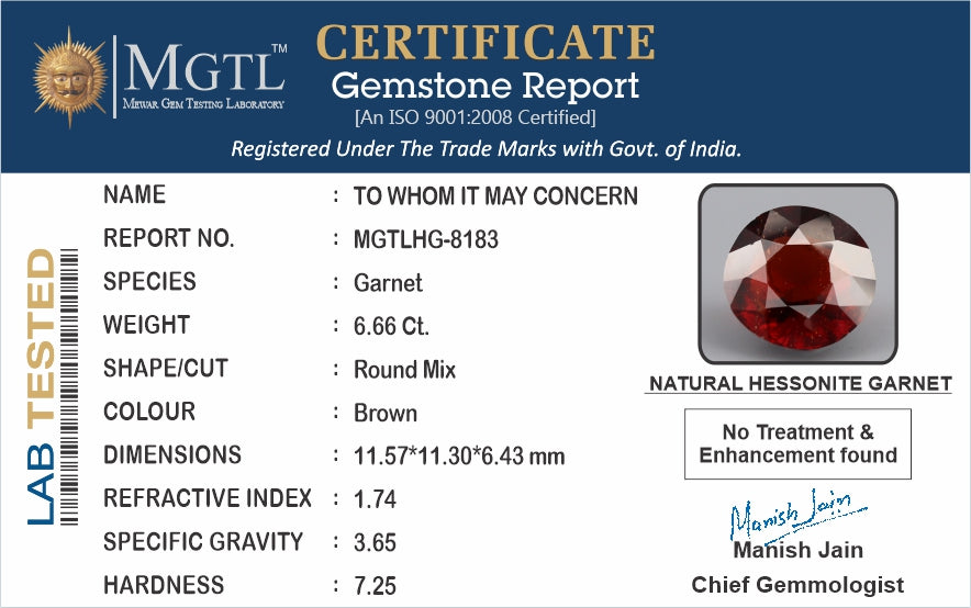 Ceylon Hessonite Garnet  6.66 Carat Limited Quality HG-8183