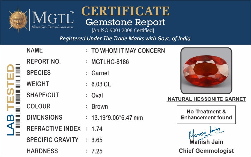 Ceylon Hessonite Garnet  6.03 Carat Limited Quality HG-8186