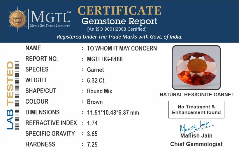 Ceylon Hessonite Garnet  6.32 Carat Limited Quality HG-8188