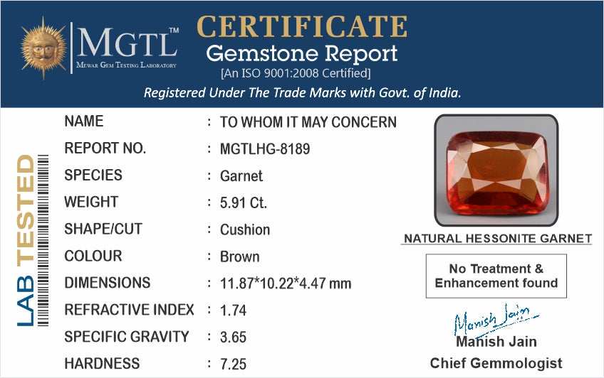 Ceylon Hessonite Garnet  5.91 Carat Limited Quality HG-8189
