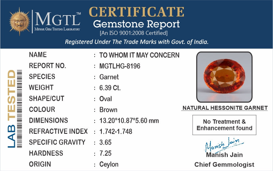 Ceylon Hessonite Garnet  6.39 Carat Limited Quality HG-8196