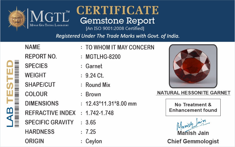 Ceylon Hessonite Garnet  9.24 Carat Limited Quality HG-8200