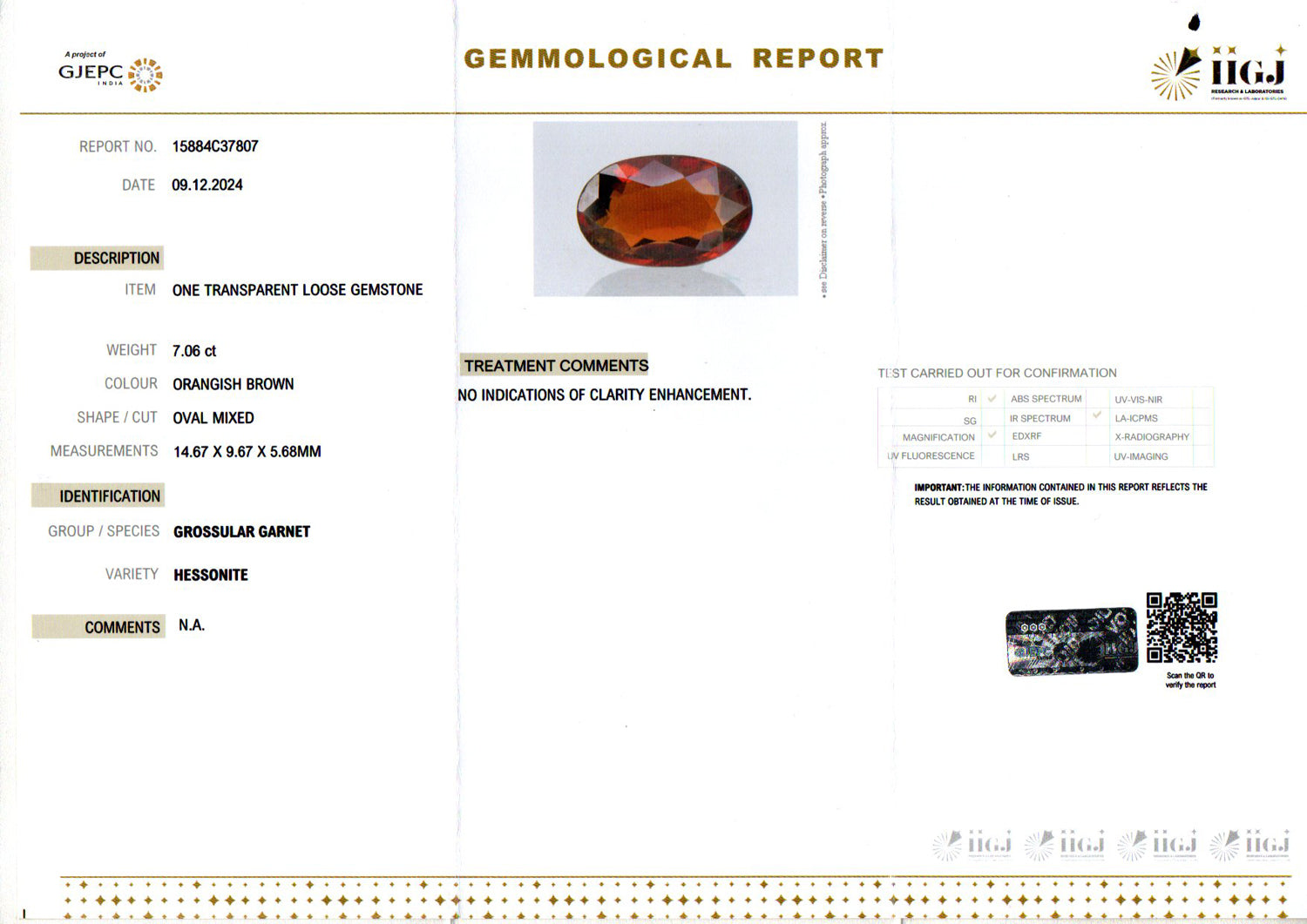 Ceylon Hessonite Garnet  7.06 Carat Limited Quality HG-8203