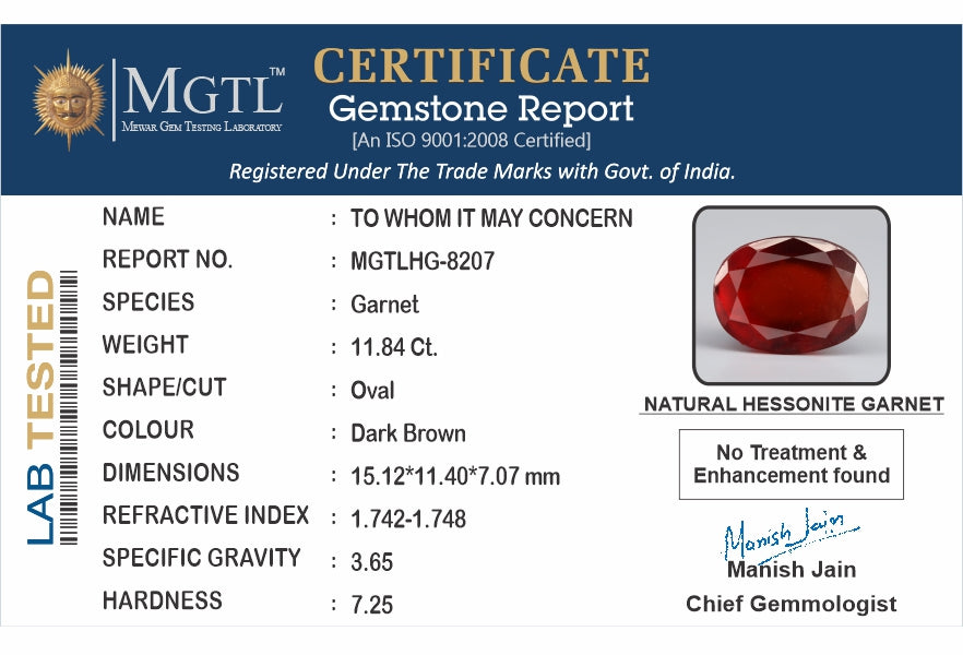 African Hessonite Garnet  11.84 Carat Prime Quality HG-8207