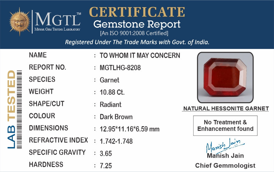African Hessonite Garnet  10.88 Carat Prime Quality HG-8208