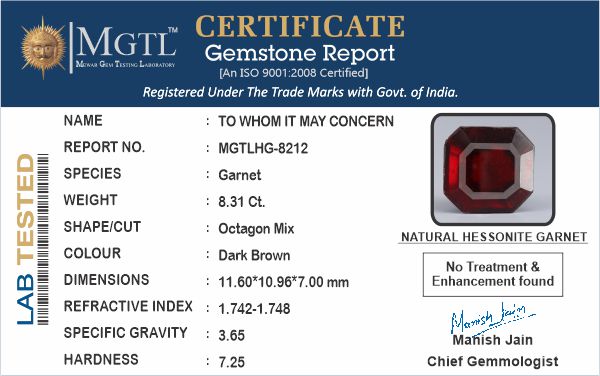 African Hessonite Garnet  8.31 Carat Prime Quality HG-8212