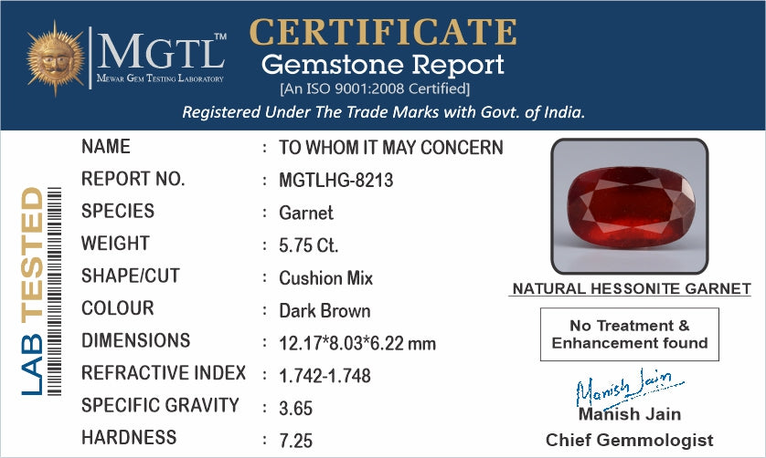 African Hessonite Garnet  5.75 Carat Prime Quality HG-8213