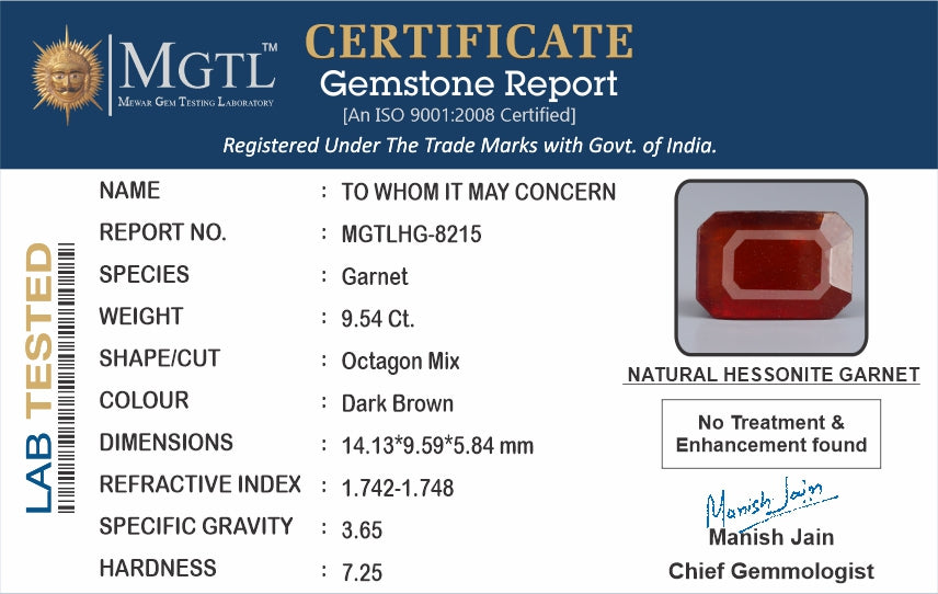 African Hessonite Garnet  9.54 Carat Prime Quality HG-8215