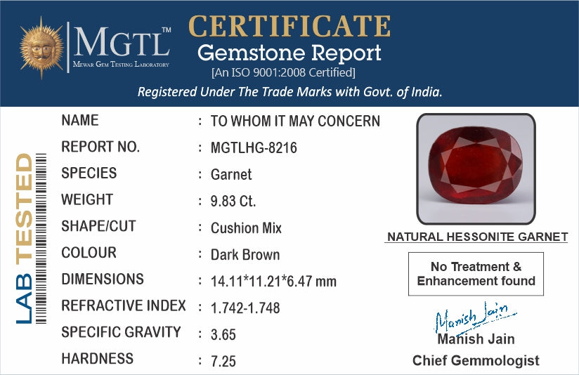 African Hessonite Garnet  9.83 Carat Prime Quality HG-8216