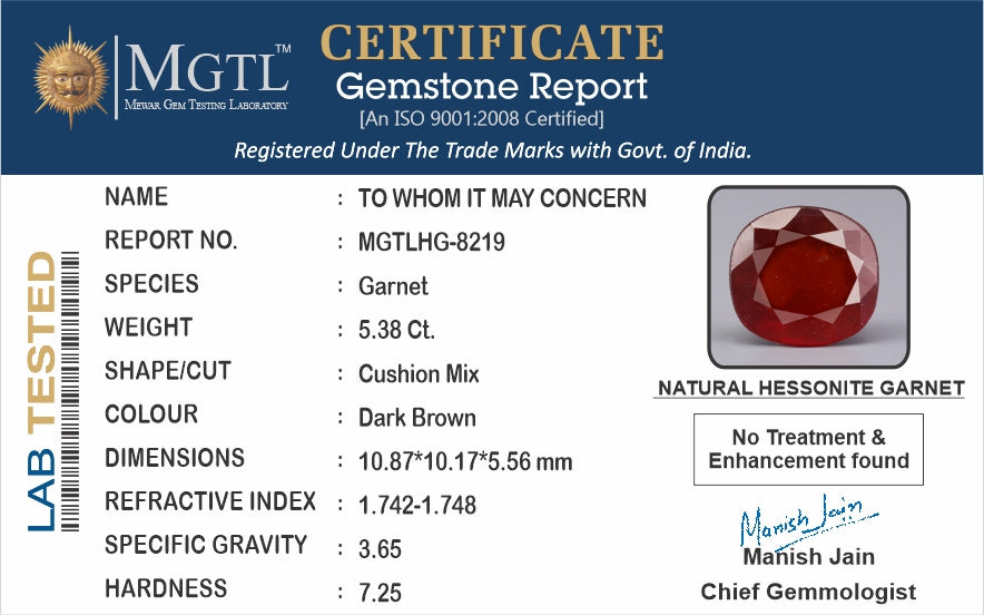 African Hessonite Garnet  5.38 Carat Prime Quality HG-8219