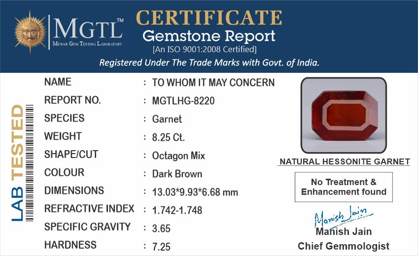 African Hessonite Garnet  8.25 Carat Prime Quality HG-8220