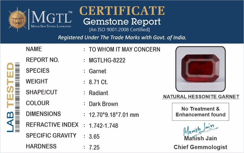African Hessonite Garnet  8.71 Carat Prime Quality HG-8222